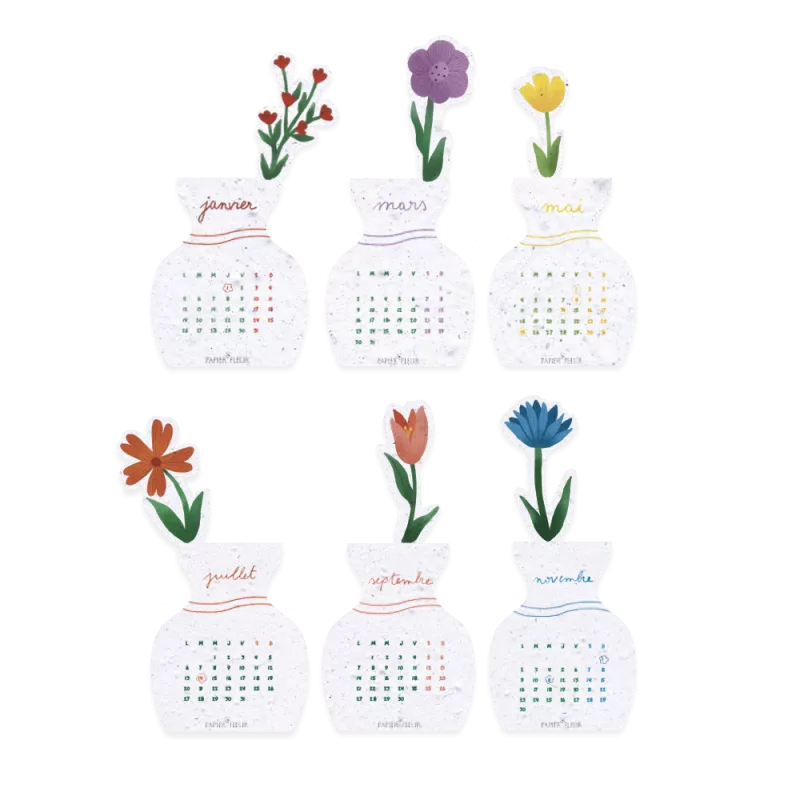 Calendrier à planter 2026 – modèle « Bouquet fleuri », composé de 6 feuillets bimestriels en papier ensemencé.