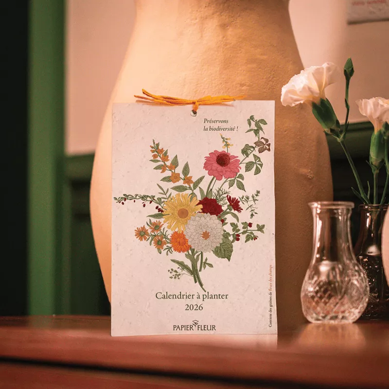 Calendrier à planter 2026 « Biodiversité » – 13 feuillets ensemencés, 13 graines différentes à semer.
