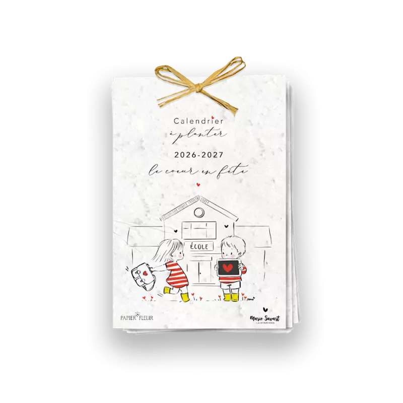 Calendrier scolaire à planter A6 2025-2026, feuillet suspendu par du raphia naturel, illustrations Marie Savart