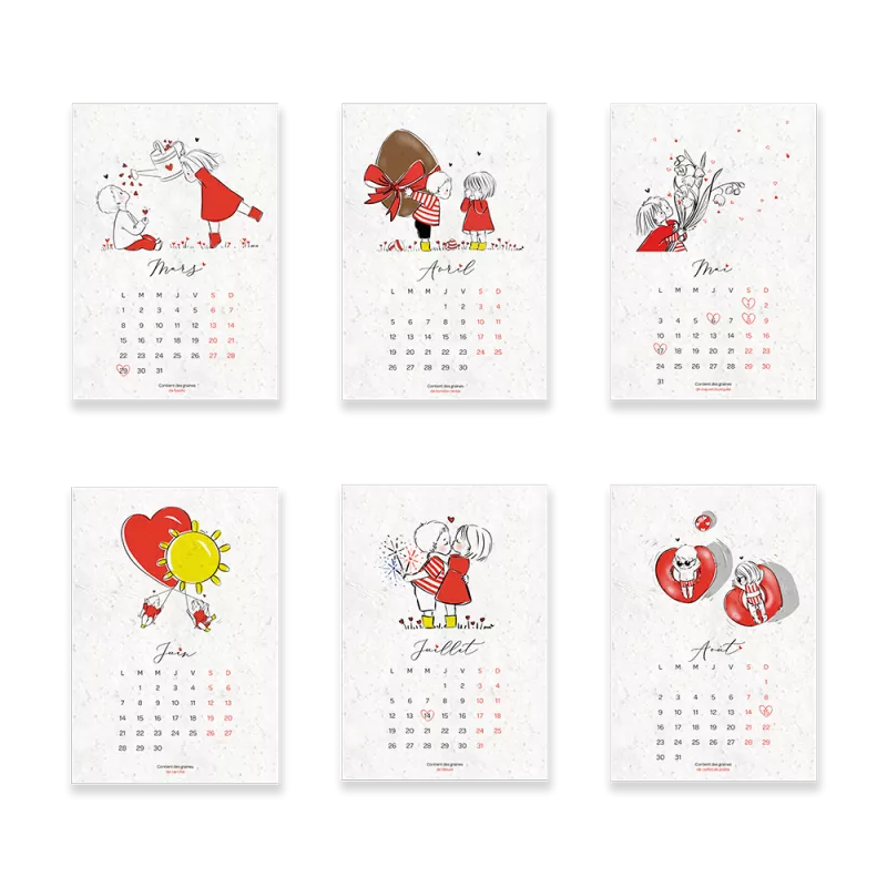 Vue d'ensemble des 13 pages du calendrier scolaire à planter 2025-2026, illustrées par Marie Savart, papier ensemencé