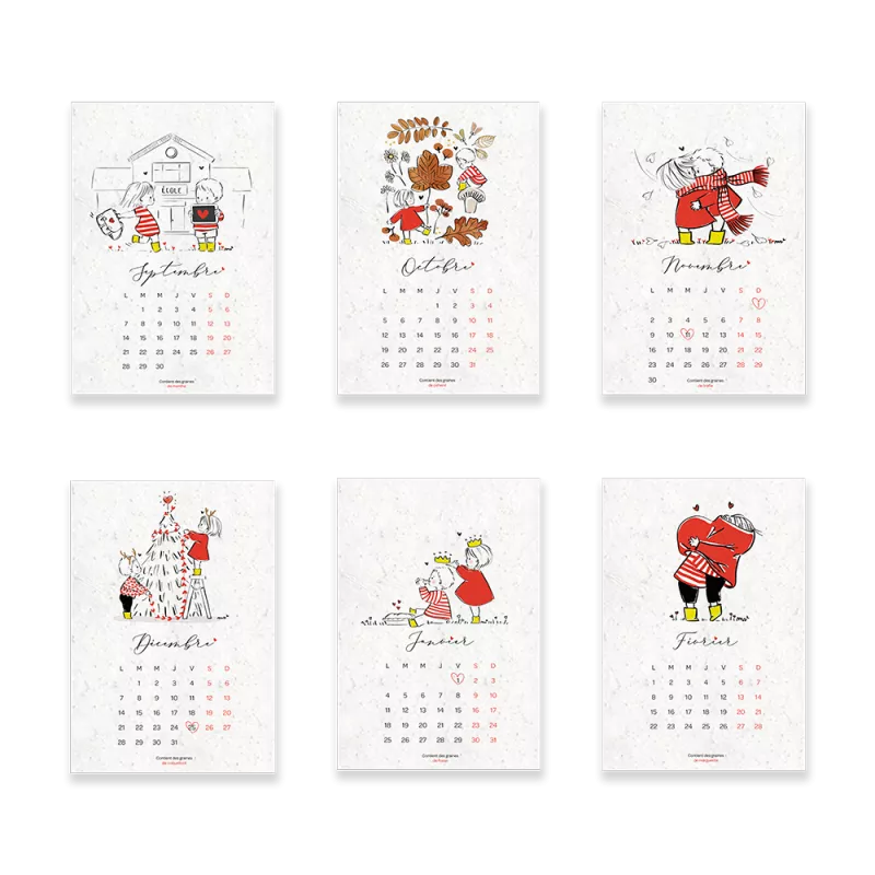 Gros plan sur une page du calendrier à planter 2025-2026, illustration poétique de Marie Savart en rouge et blanc