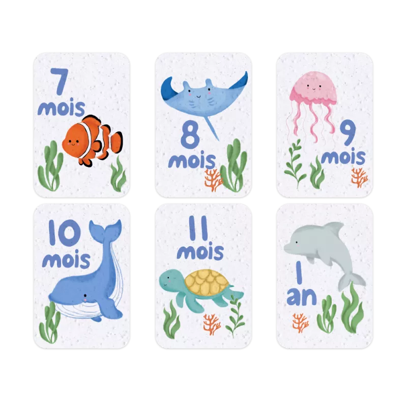 Revivez la tendresse de la première année avec nos cartes étapes bébé « Sous l'océan ».