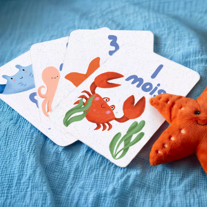 Revivez la tendresse de la première année avec nos cartes étapes bébé « Sous l'océan ».