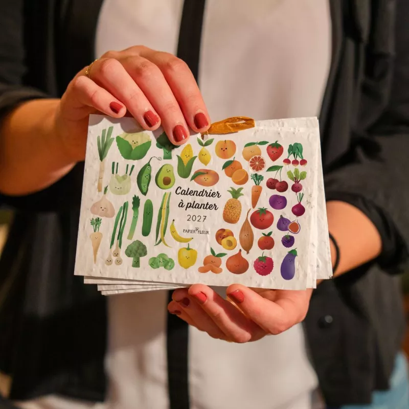 Ce calendrier à planter 2027 « Fruits et légumes » illustre chaque mois les fruits et légumes de saison.