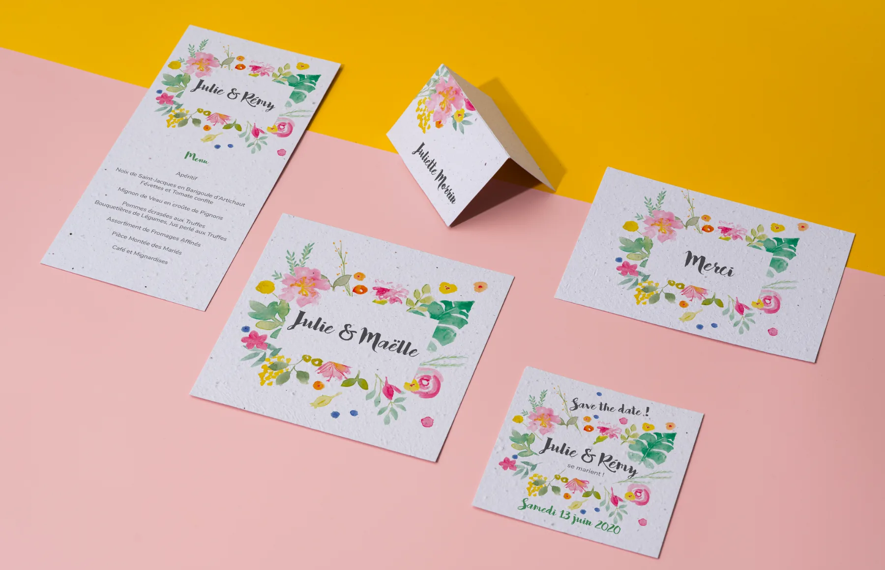 Faire-part de mariage, menu, save-the-date et carte de remerciement en papier ensemencé, motif eucalyptus