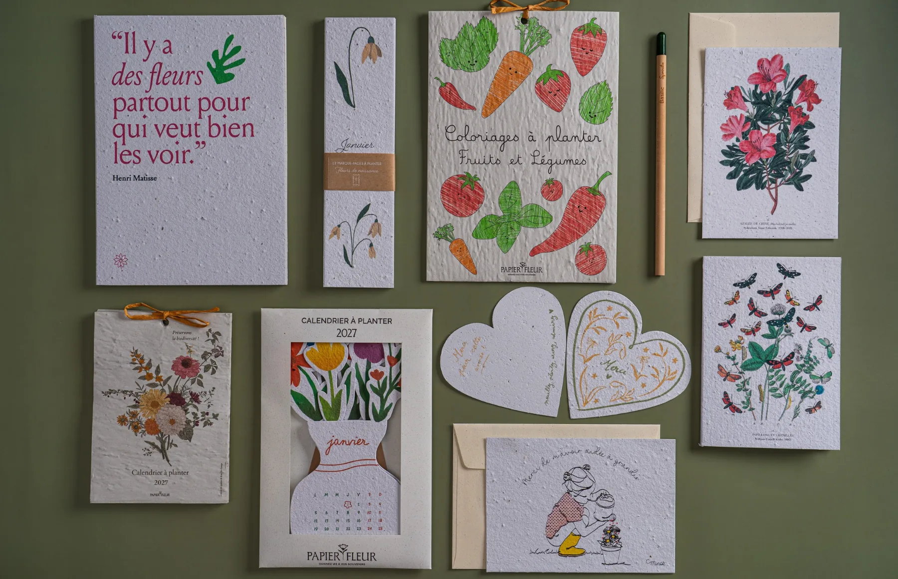 Calendrier à planter, marque-pages fleurs de naissance et crayons à planter